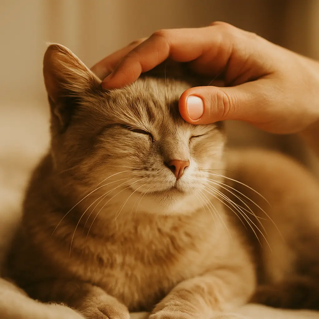 Chat âgé caressé doucement par son humain, symbole de tendresse et de confiance