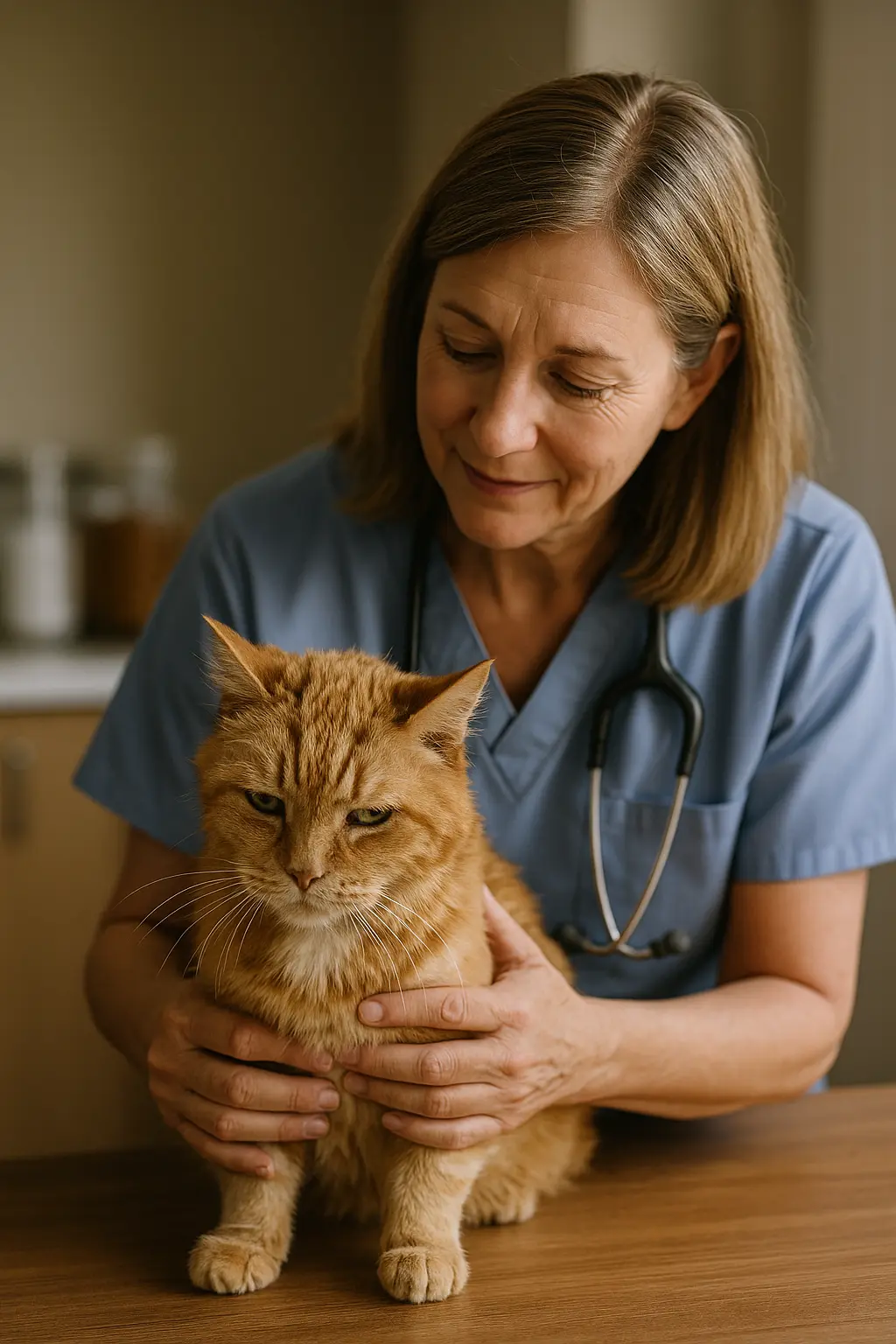 Vétérinaire examinant un chat âgé, symbole de suivi médical et d’alimentation adaptée aux pathologies.