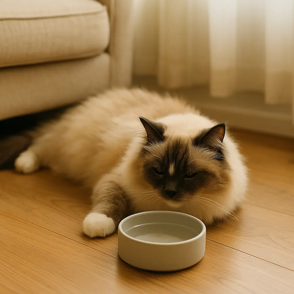 chat fatigué devant gamelle