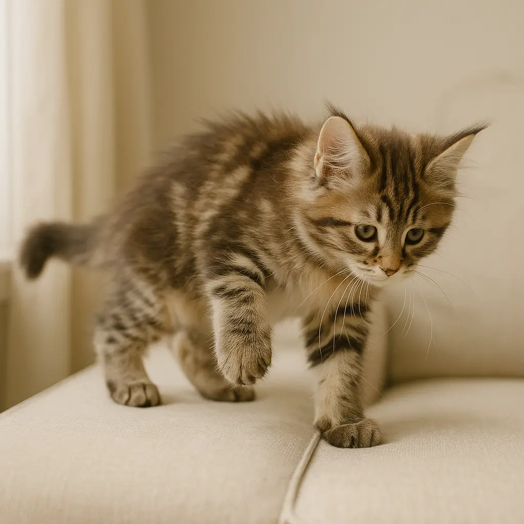 Chaton Maine Coon marchant doucement, posture hésitante dans une lumière naturelle