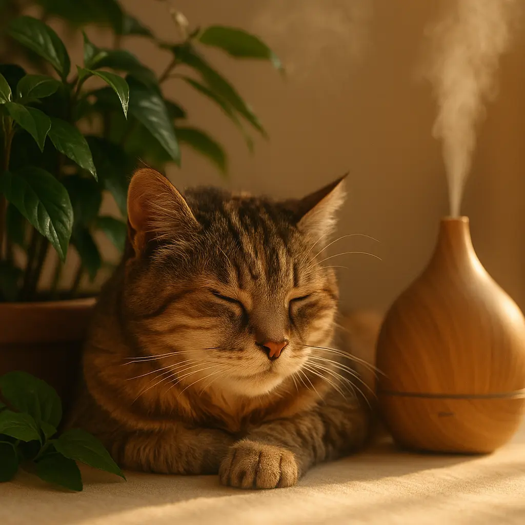 Chat âgé détendu près de plantes vertes, environnement naturel et apaisant