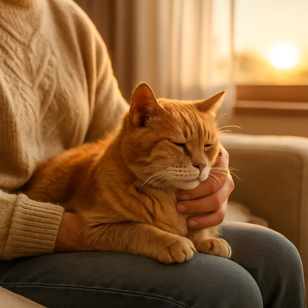 Chat âgé blotti contre son humain