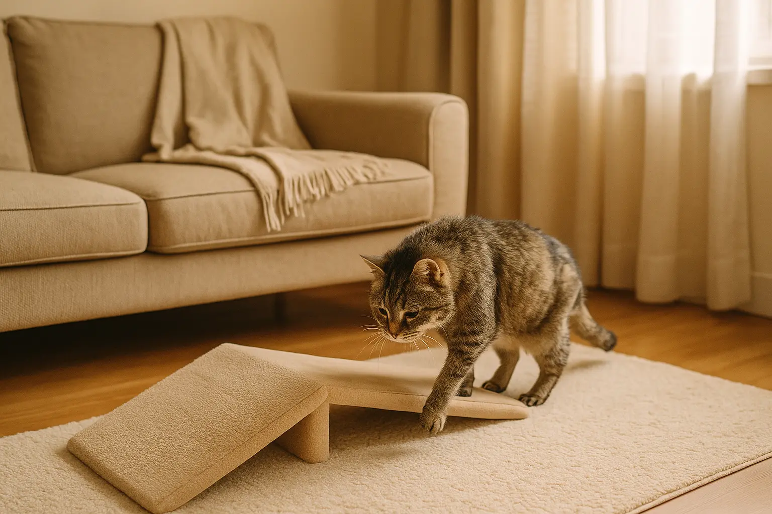 Chat âgé se déplaçant prudemment dans un salon