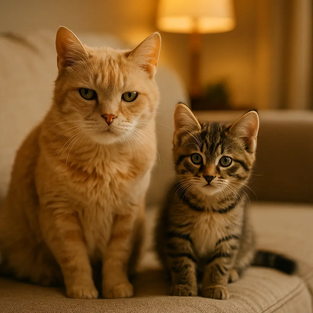Chat âgé et jeune chat côte à côte, image d’une cohabitation calme et réussie