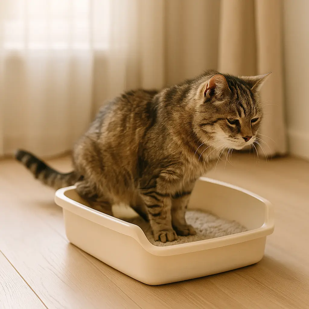 Chat utilisant une litière basse