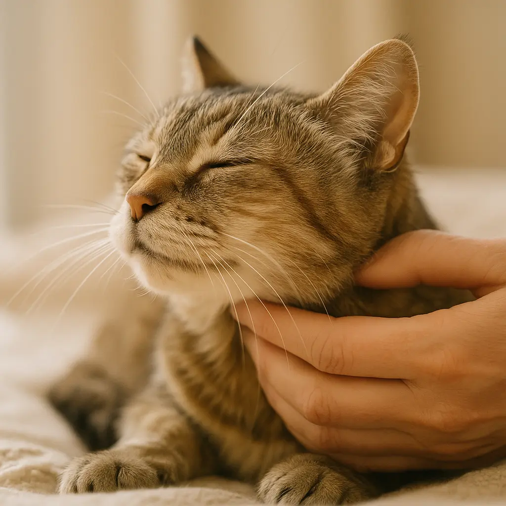 Massage doux d’un chat âgé, geste de bien-être et de détente