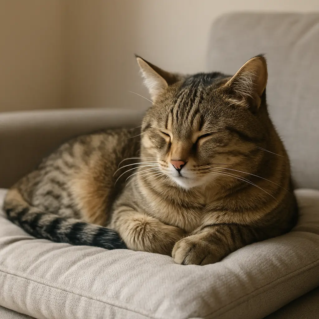 hat se reposant paisiblement sur un coussin, symbole de bien-être félin