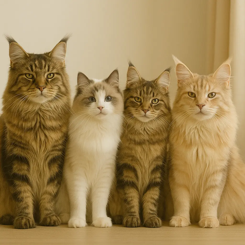Groupe de chats de race Maine Coon, Ragdoll et Norvégien assis ensemble dans un salon lumineux