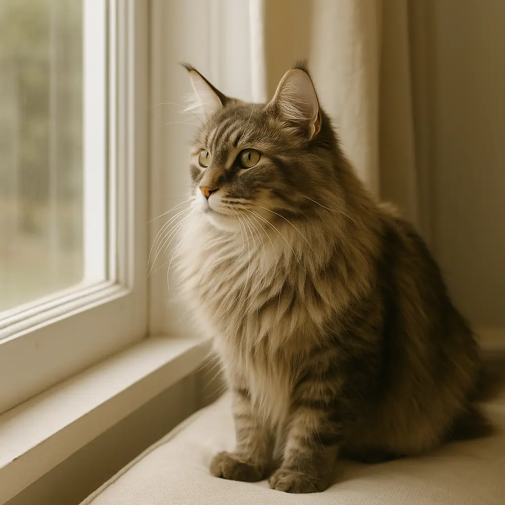 Chat Maine Coon allongé paisiblement sur un plaid clair dans un intérieur lumineux