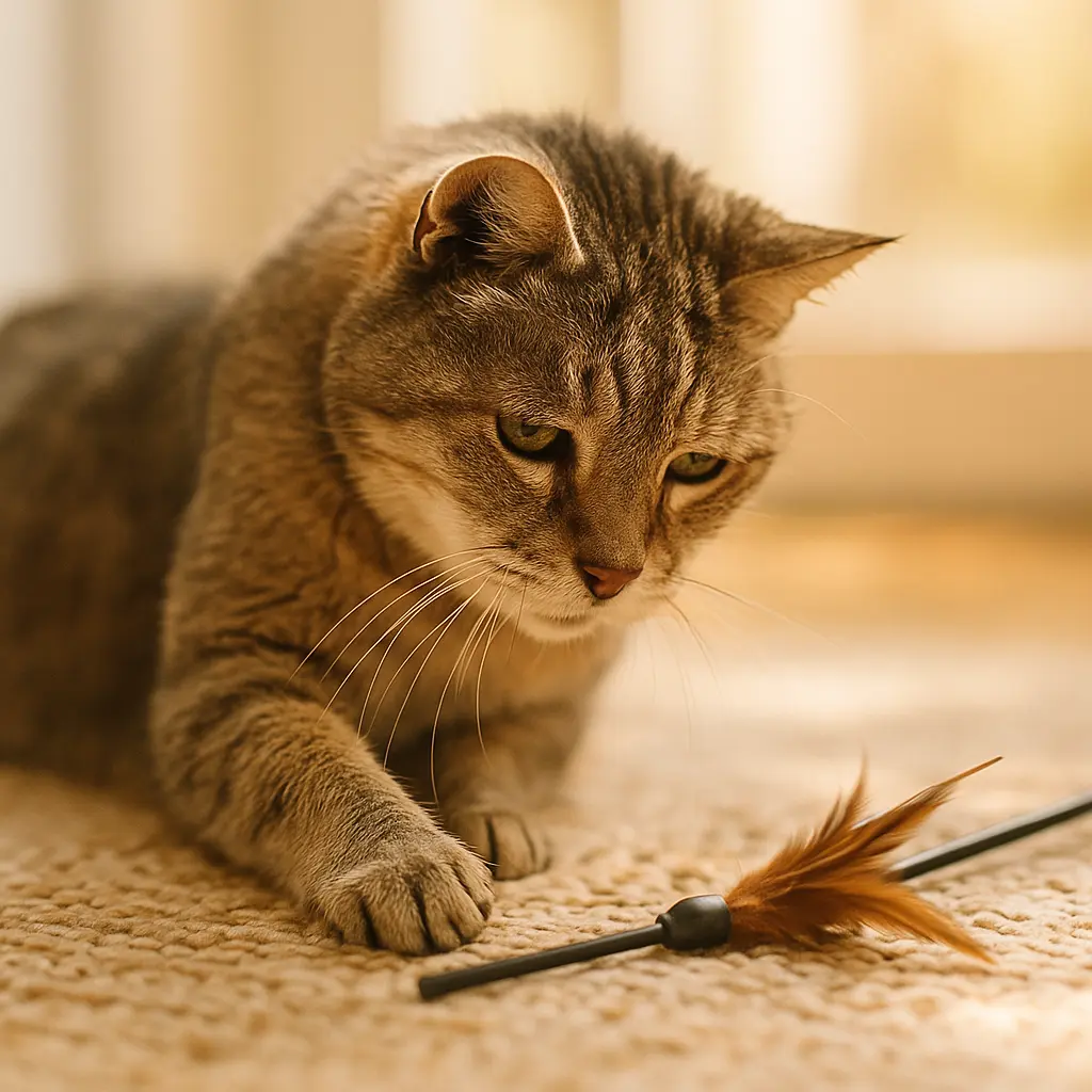 Chat âgé jouant calmement avec une plume, activité douce pour entretenir sa vitalité