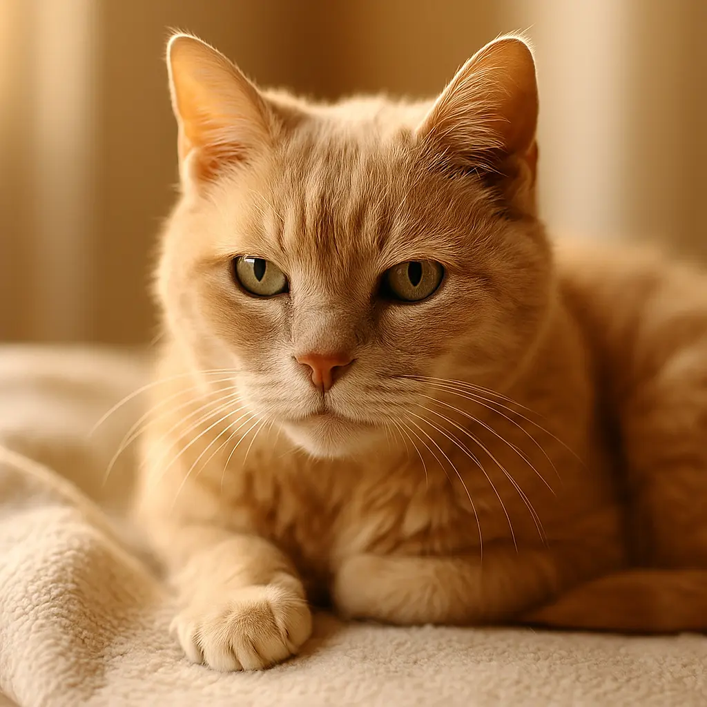 Chat âgé paisible sur une couverture, regard calme et sage, symbole du comportement serein du senior