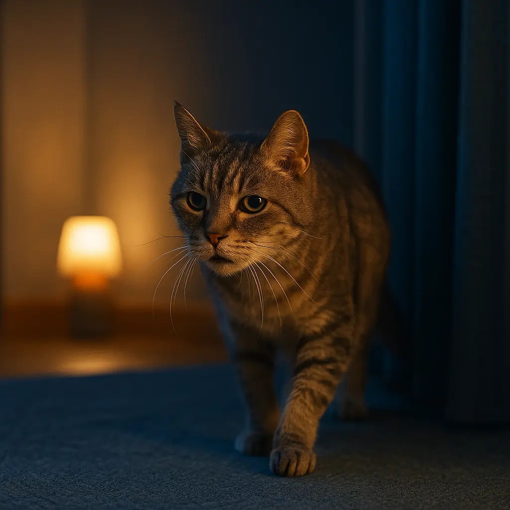 Chat âgé marchant doucement dans la pénombre, apaisé par une veilleuse nocturne.