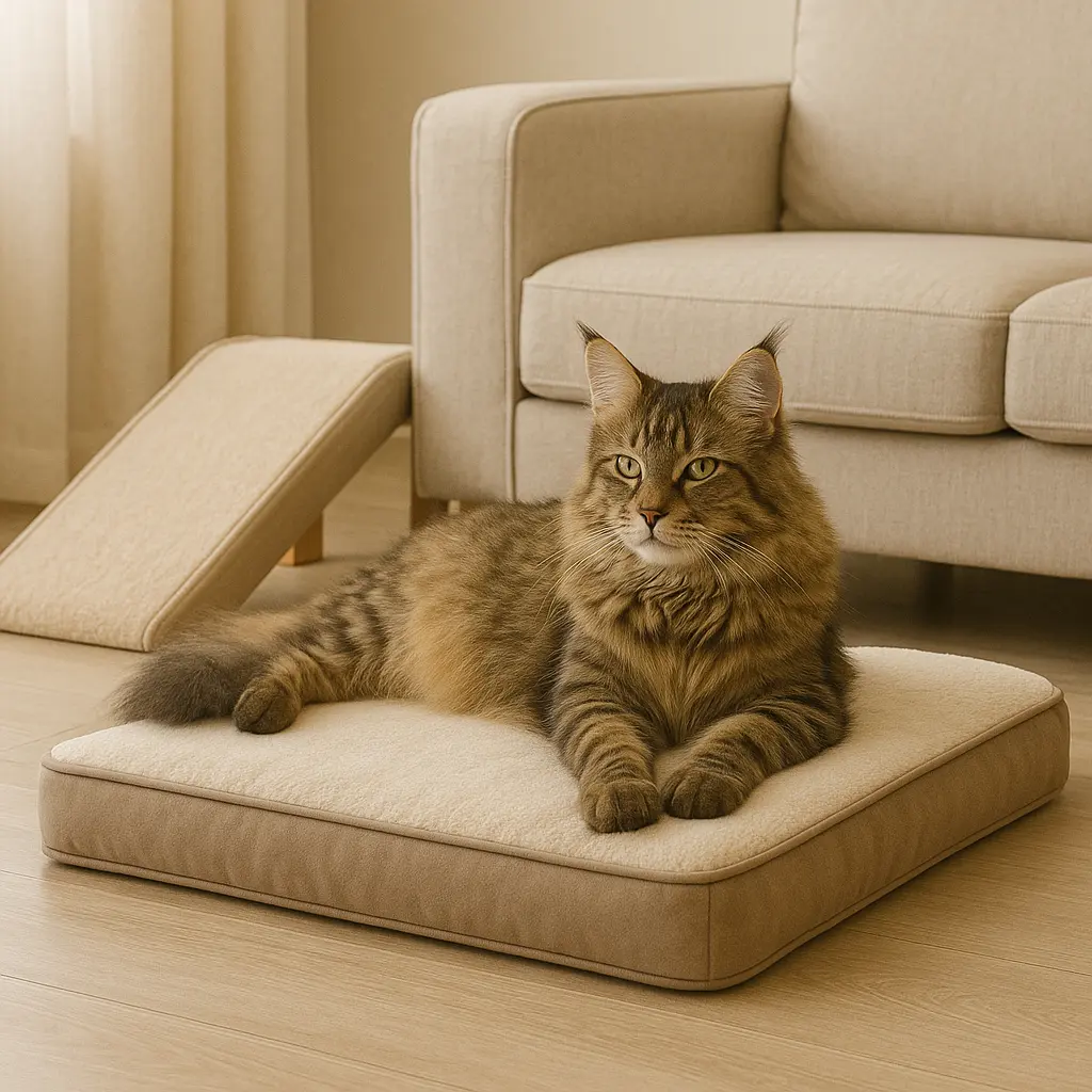 Chat allongé sur un coussin orthopédique près d’une rampe d’accès dans un intérieur cocooning
