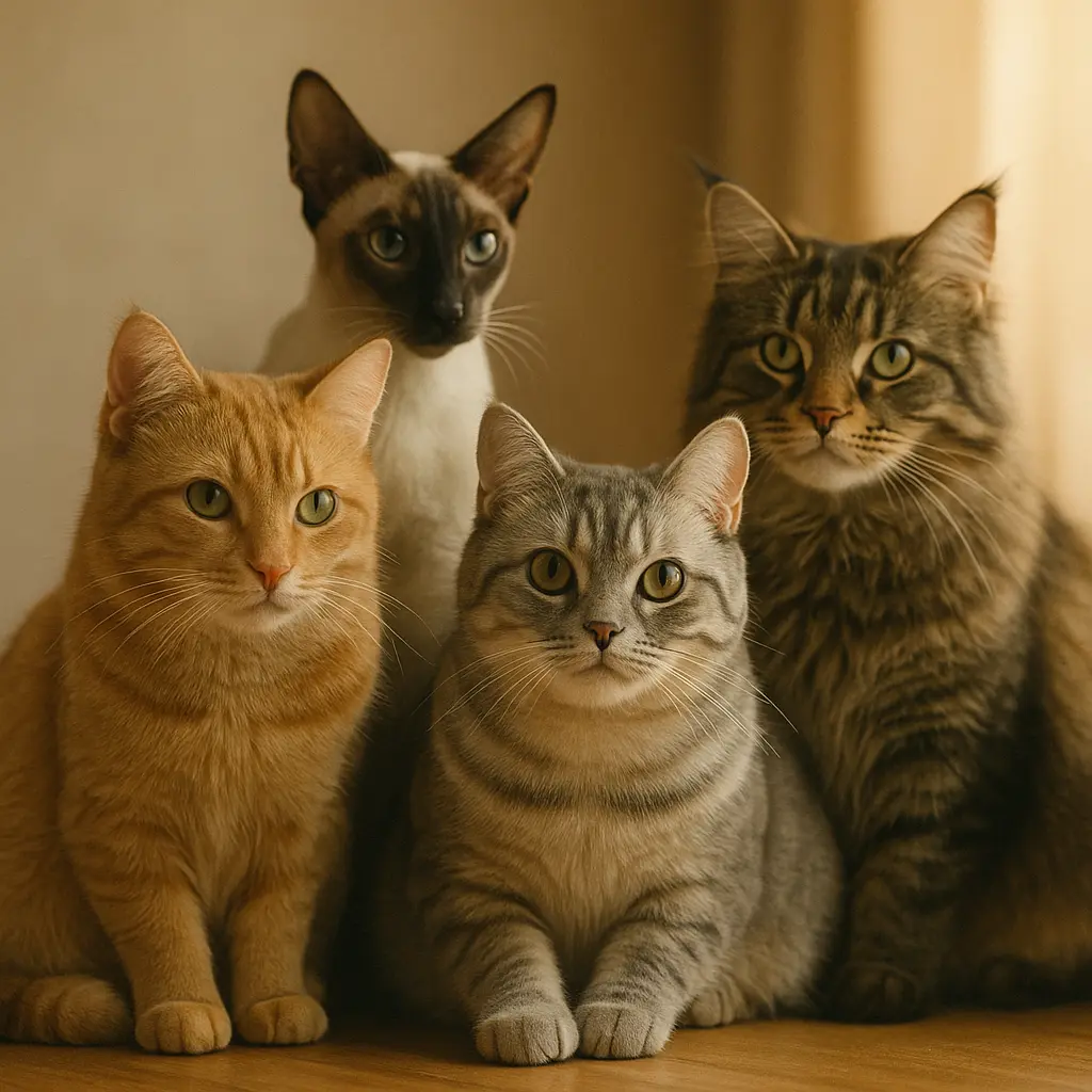Groupe de chats de race dans une lumière douce, illustration de la santé féline.