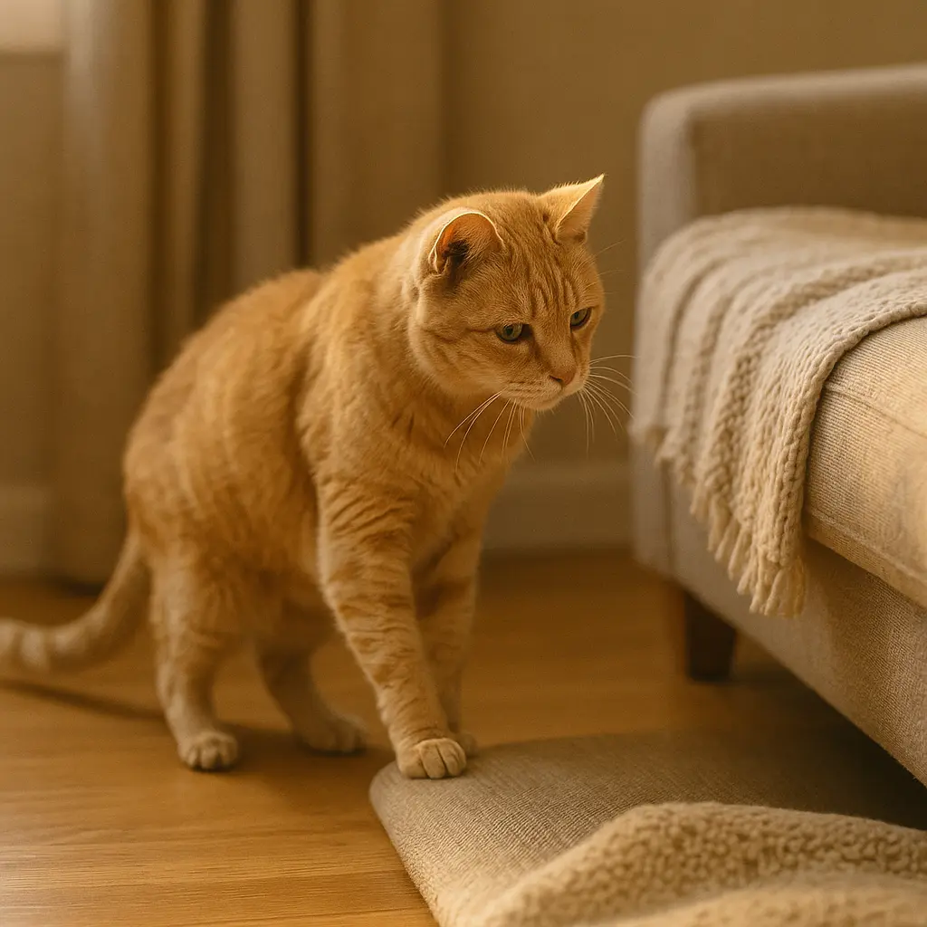 Chat âgé hésitant à sauter sur un canapé