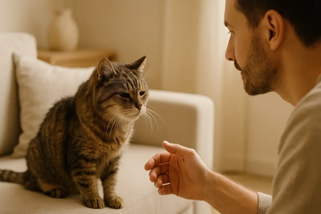 Chat âgé observé doucement par son maître, lumière naturelle