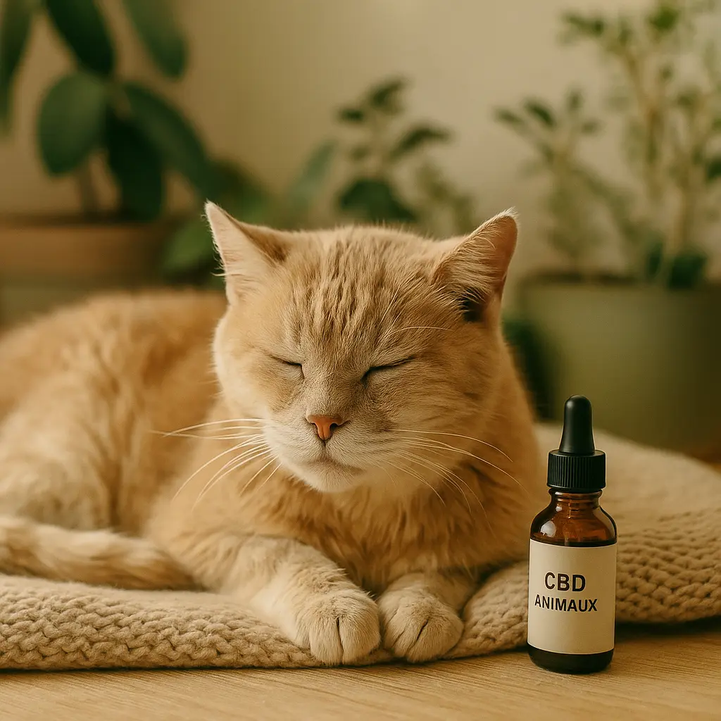 Chat âgé détendu, allongé sur un plaid, une petite fiole d’huile CBD animaux