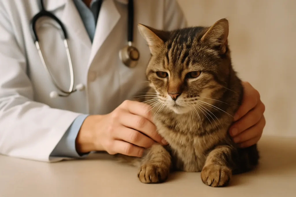 Chat âgé examiné calmement par un vétérinaire