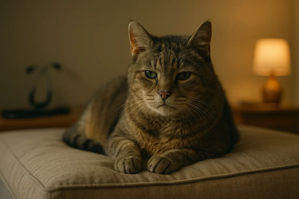Chat âgé allongé sur un coussin, l’air un peu fatigué.