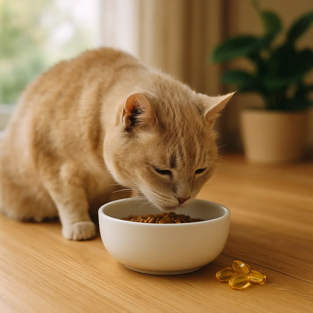 Chat âgé à poil doux et brillant, mangeant calmement