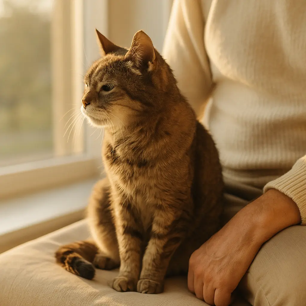 chat âgé assis calmement à côté de son maître