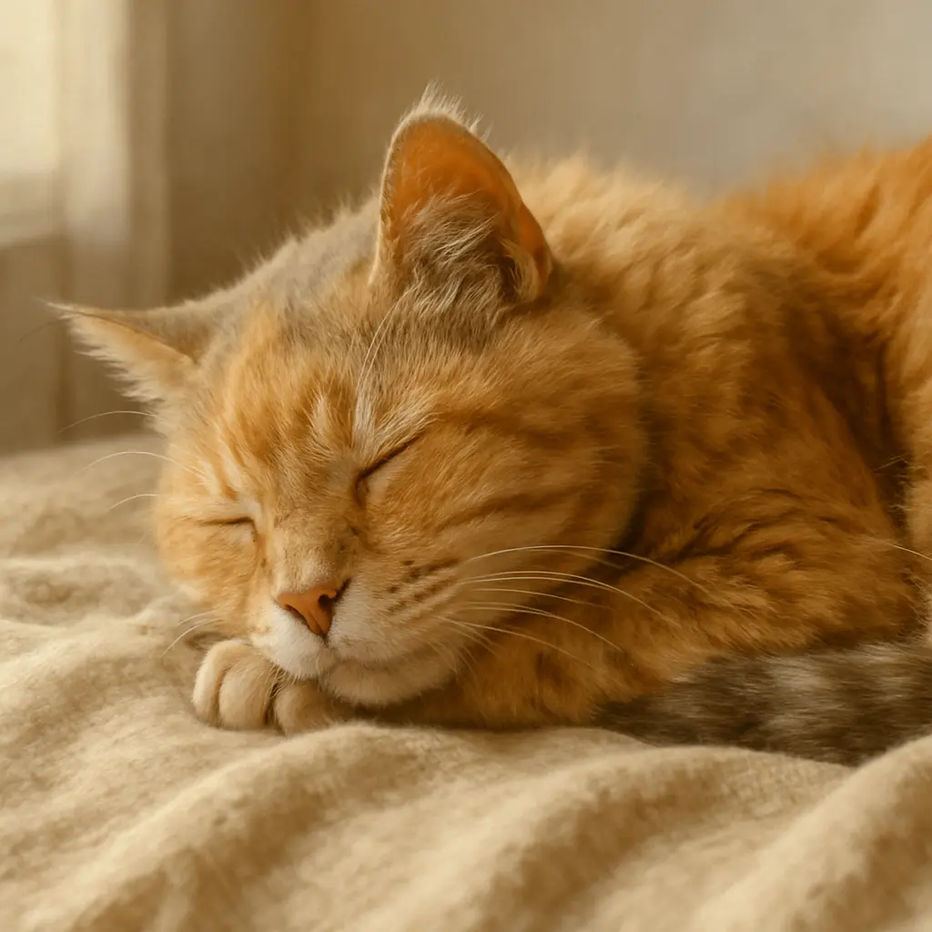 chat âgé endormi sur un plaid,