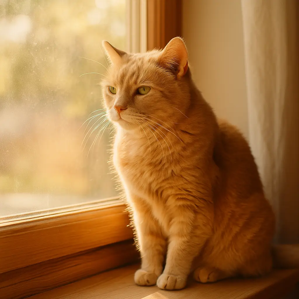 chat âgé regardant par une fenêtre ensoleillée