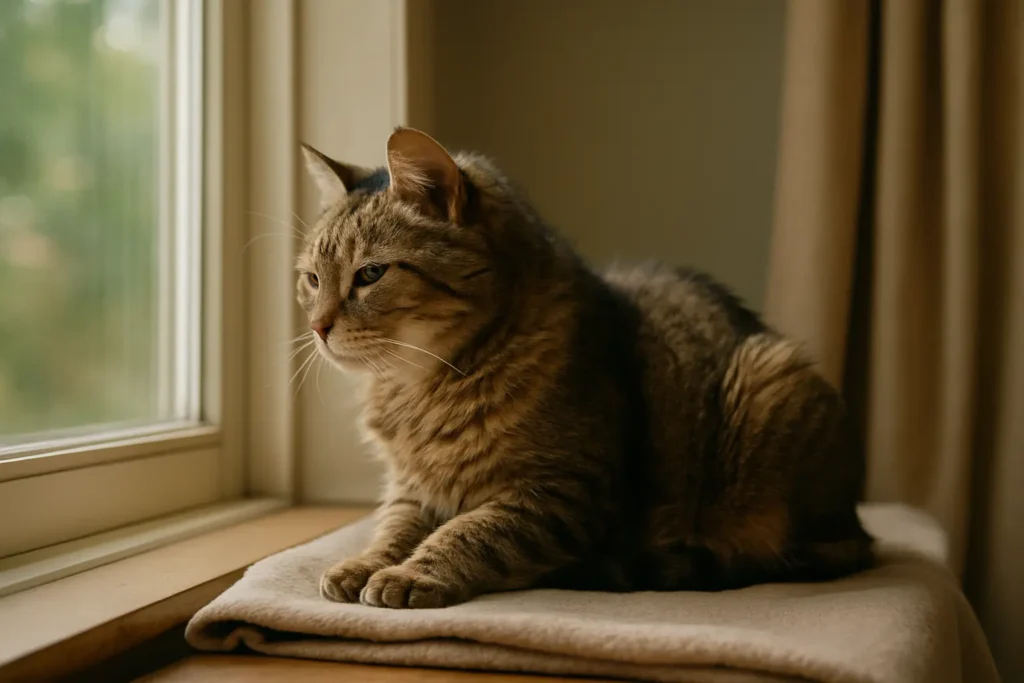 image symbolisant le vieillissement (chat âgé + atmosphère lente).