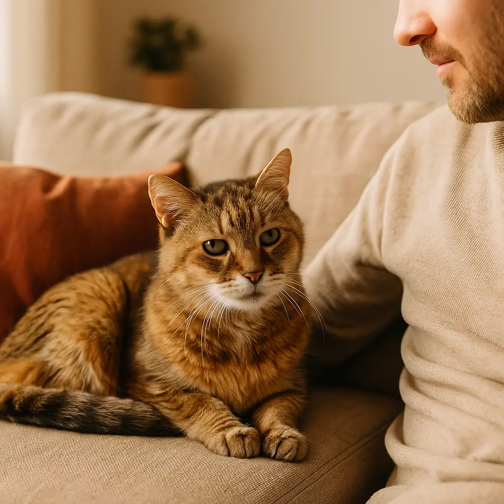 chat âgé paisible sur un canapé aux tons crème et terracotta
