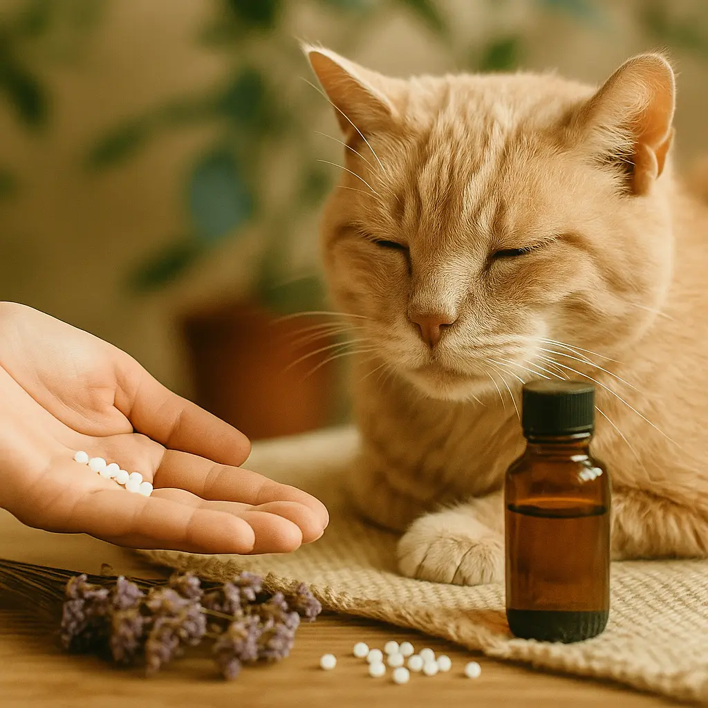Main humaine tenant délicatement des granules blanches d’homéopathie à côté d’un chat âgé calme