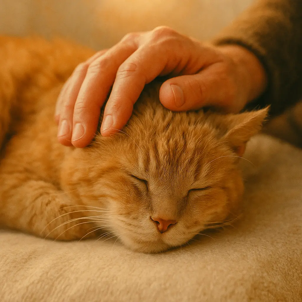 main d’un maître caressant un chat âgé endormi