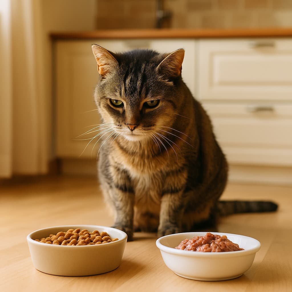 Un chat âgé à poil doux regarde deux bols posés devant lui, l’un rempli de croquettes, l’autre de pâtée humide