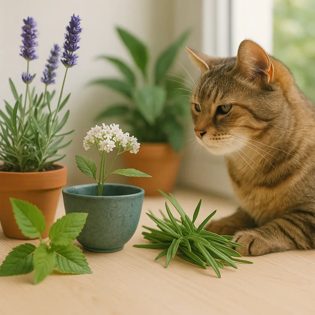 Plantes médicinales sûres pour chats : pot de lavande, valériane, herbe à chat, feuilles vertes fraîches sur une table en bois clair