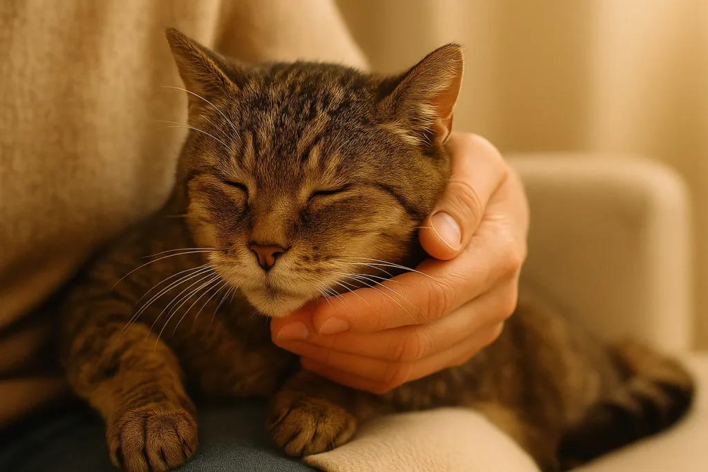 Chat âgé posé contre la main de son maître