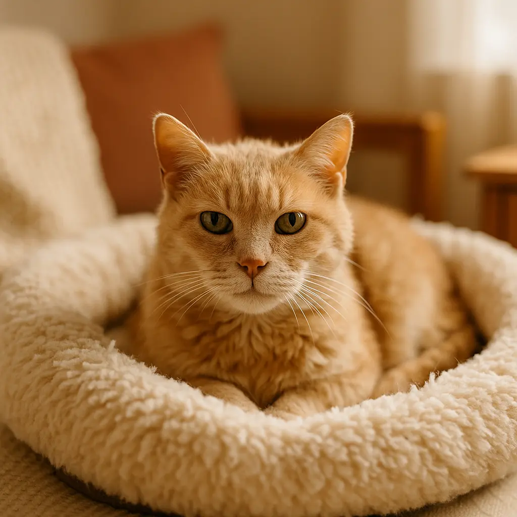 chat âgé aux yeux doux couché dans un panier moelleux