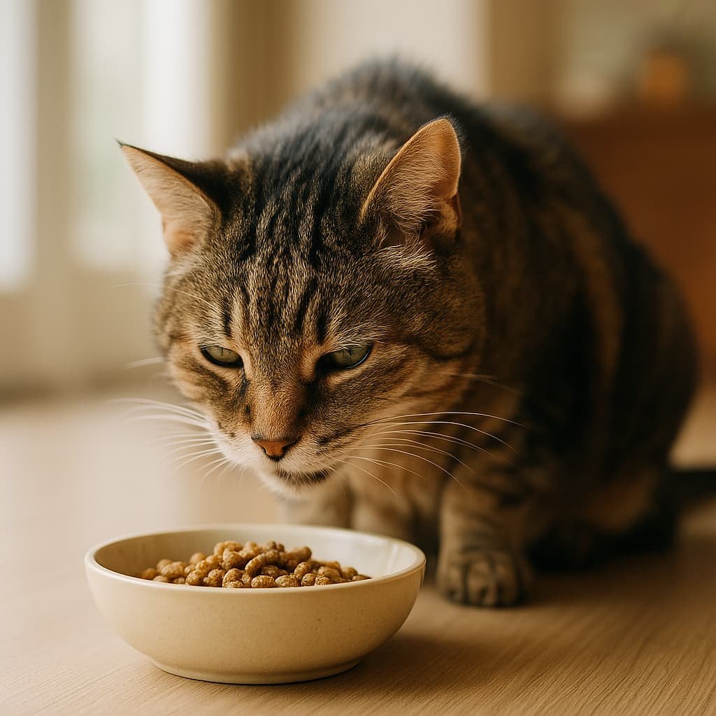 Un chat âgé en bonne santé mange tranquillement des croquettes dans une petite gamelle.