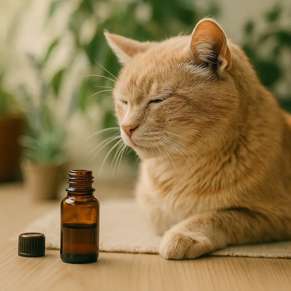 etit flacon d’huile essentielle ouvert sur une table, chat âgé assis à côté