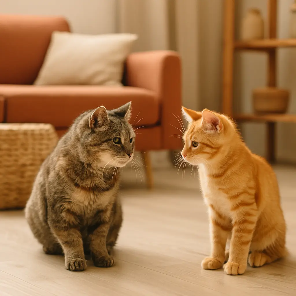chat âgé et chat plus jeune se regardant calmement dans un salon