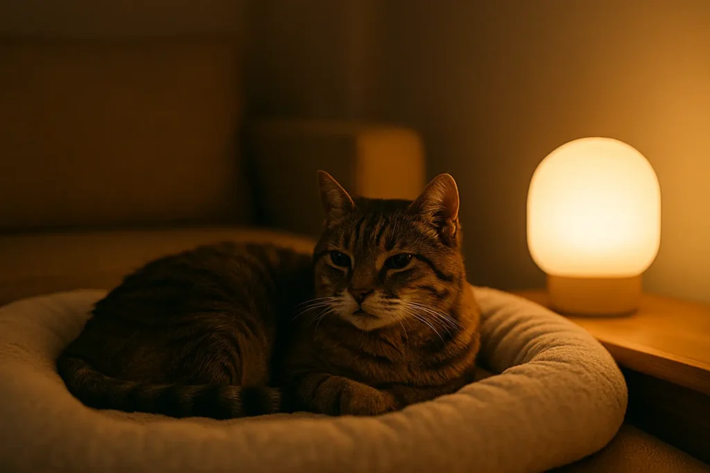 Chat âgé installé sur un couchage confortable près d’une veilleuse douce.
