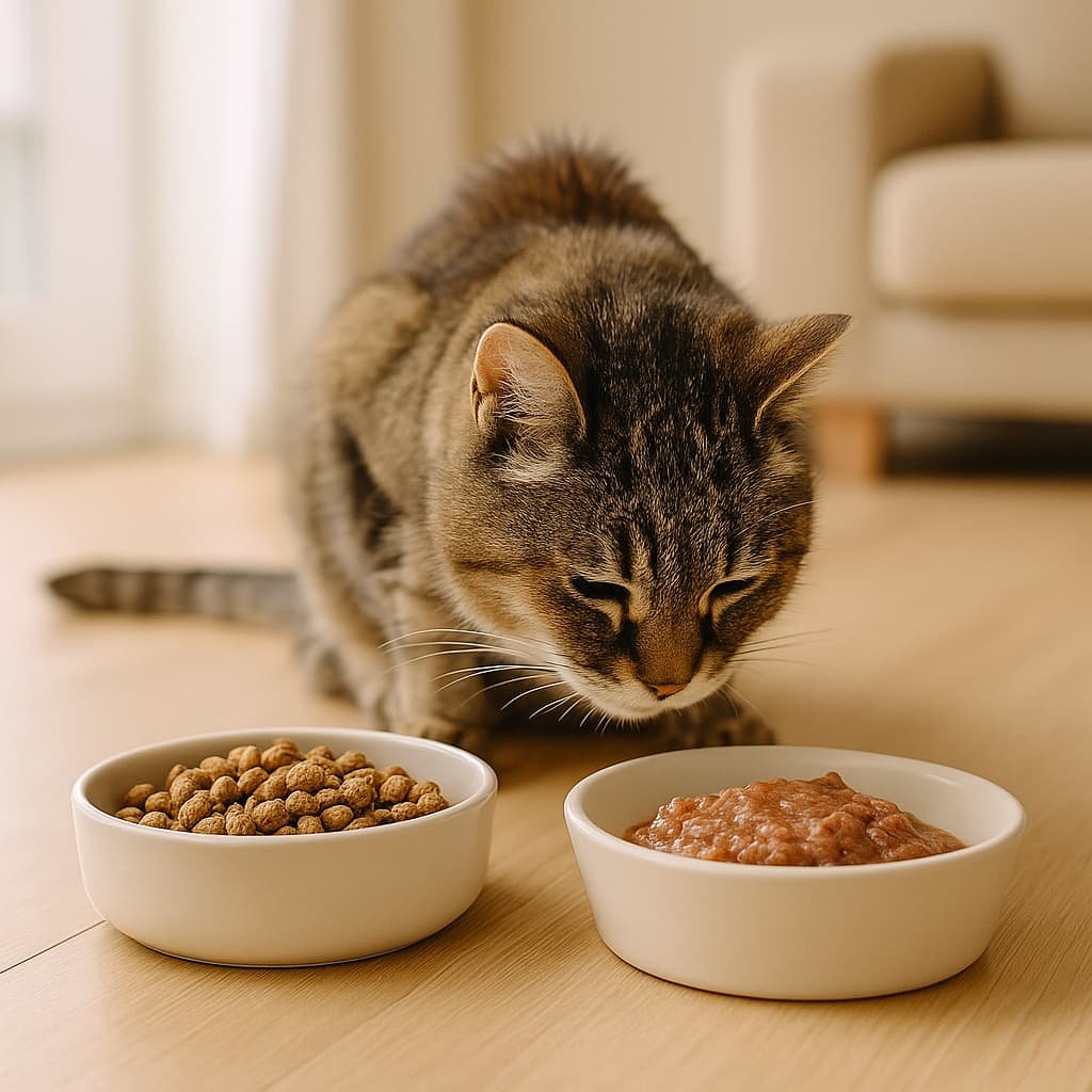 Un chat âgé mange paisiblement devant deux bols : un de croquettes et un de pâtée.