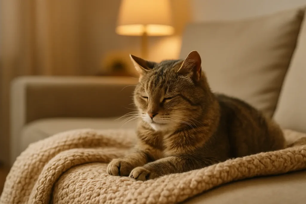 chat relaxé, confort, chaleur douce.