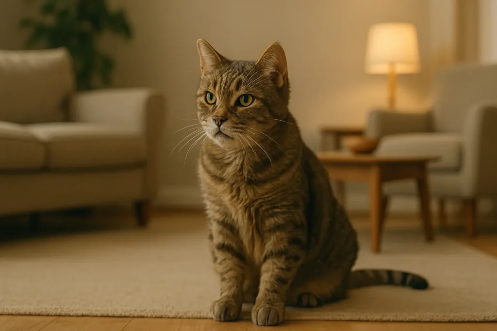 Chat âgé assis au milieu du salon, regardant autour de lui comme s’il cherchait un repère.