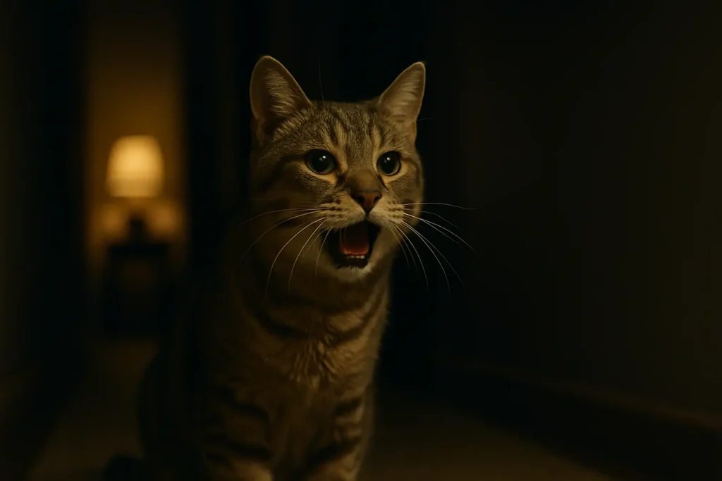 Un chat âgé dans un couloir sombre