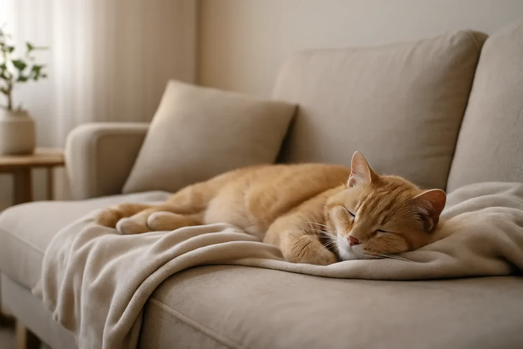 Chat âgé allongé calmement, respiration visible par une pose détendue