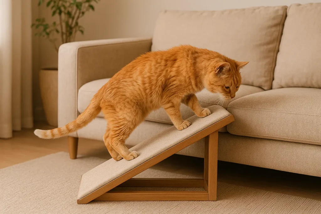 Chat âgé utilisant une petite rampe d’accès pour monter sur un canapé