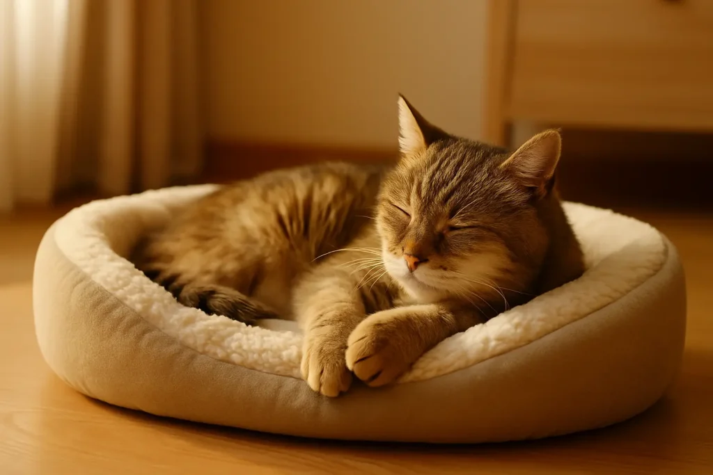 Chat âgé profondément endormi dans un panier orthopédique