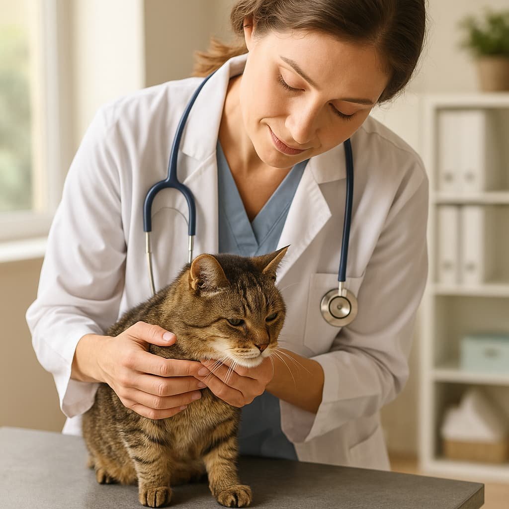Un vétérinaire examine doucement un chat âgé sur une table d’examen.