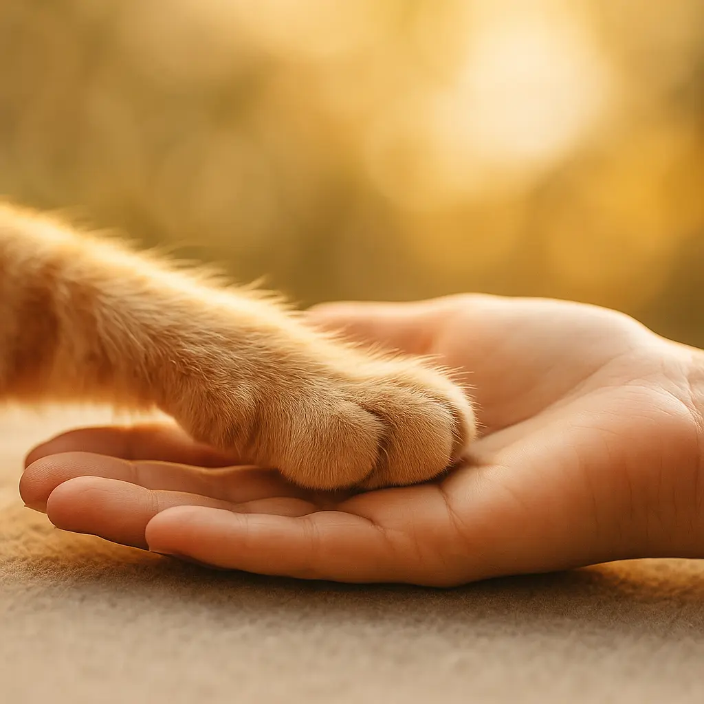 photo réaliste d’une patte de chat posée sur la main d’un humain