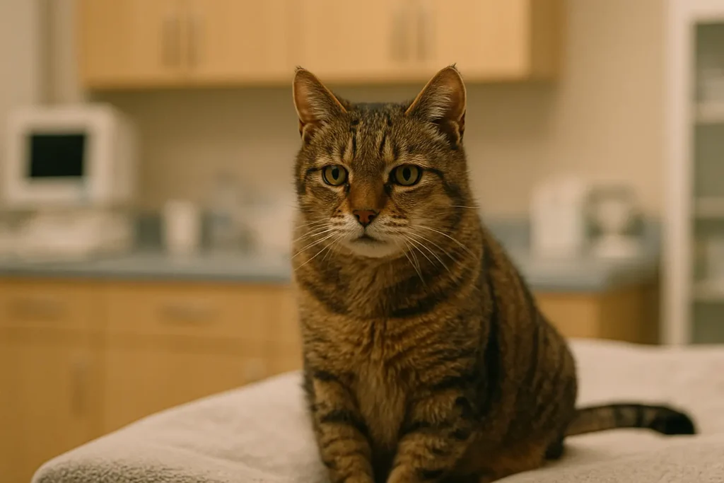 Chat âgé assis sur un plaid