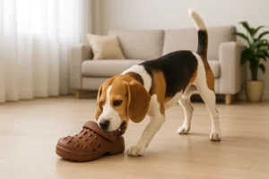 Beagle mâchant un jouet en caoutchouc en forme de sabot sur un sol en bois clair, dans un salon lumineux.